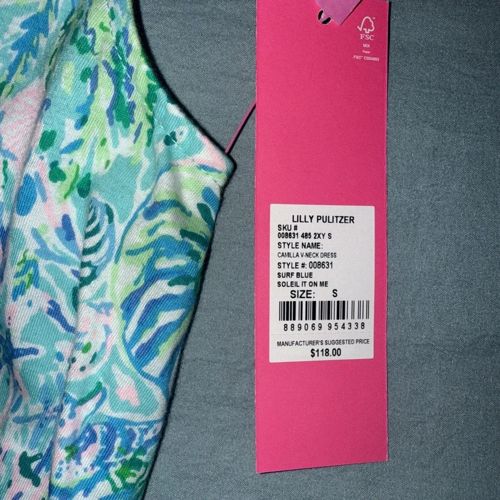 Lilly Pulitzer SMALL Blue Soleil It On Me CAMILLA SWING DRESS PomPoms V-Neck NWT - Picture 2 of 5